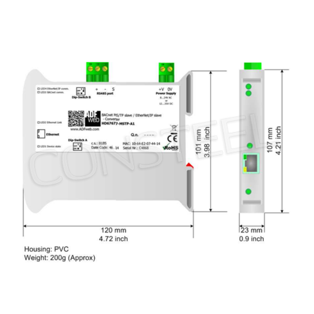 Industrial BACnet MSTP to Ethernet IP converter - HD67682-MSTP-A1
