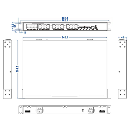 Przemysłowy zarzadzalny switch ICS5428 - Schemat budowy i wymiary na rysunku technicznym