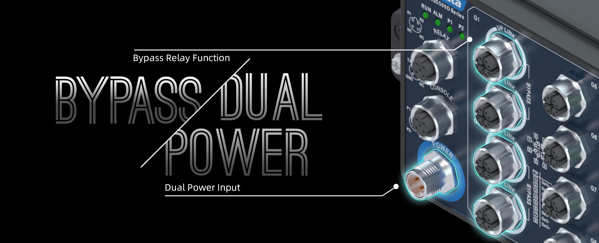 Industrial switches with dual power and bypass function