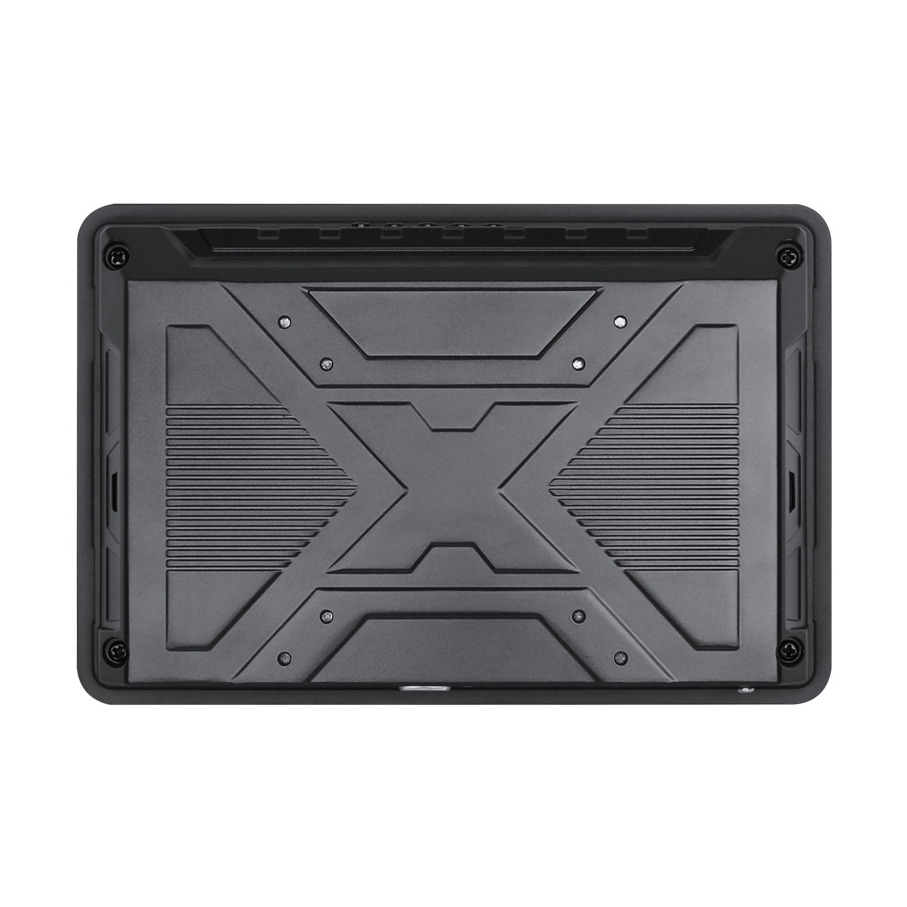 Tył urządzenia w obudowie rugged: wzmocniony panel w kształcie X, śruby w narożnikach, żebrowane powierzchnie boczne.