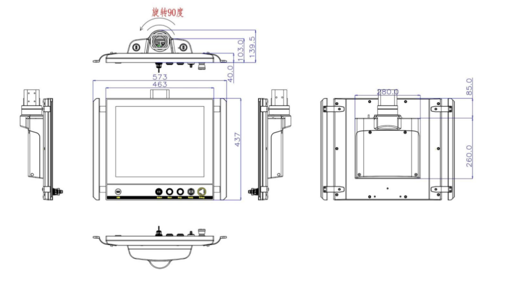 technical drawing - industrial monitor with operating panel - dimensions