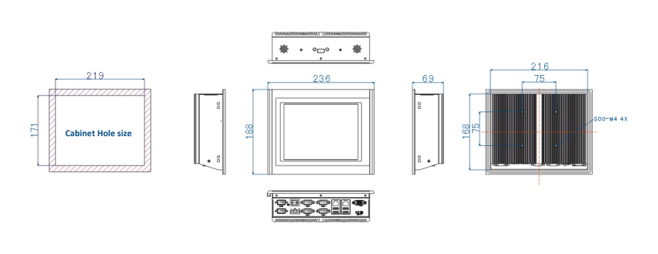 Dimensions of an industrial panel PC TPC6000-A082