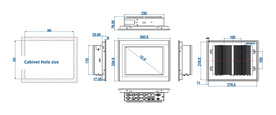 Dimensions of an industrial panel PC TPC6000-A102