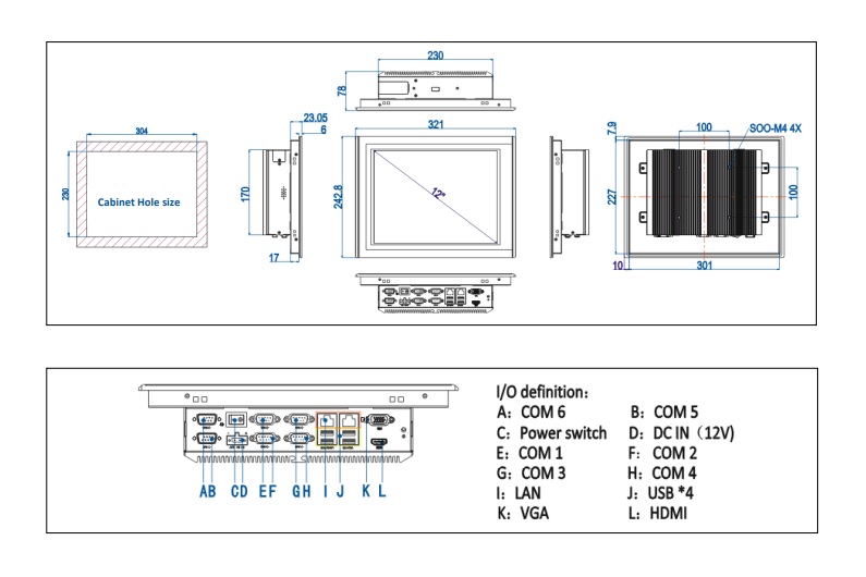 Dimensions of an industrial panel PC TPC6000-A122