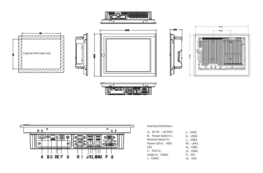 Dimensions of an industrial panel PC TPC6000-A123-T