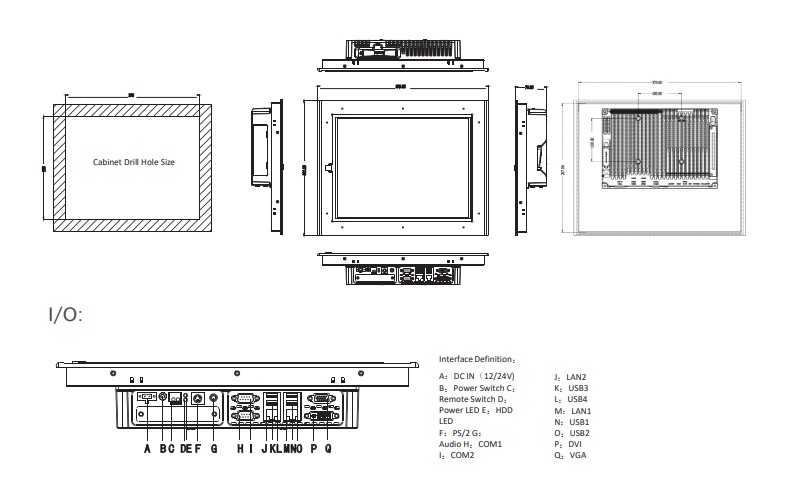 Dimensions of an industrial panel PC TPC6000-A153-T