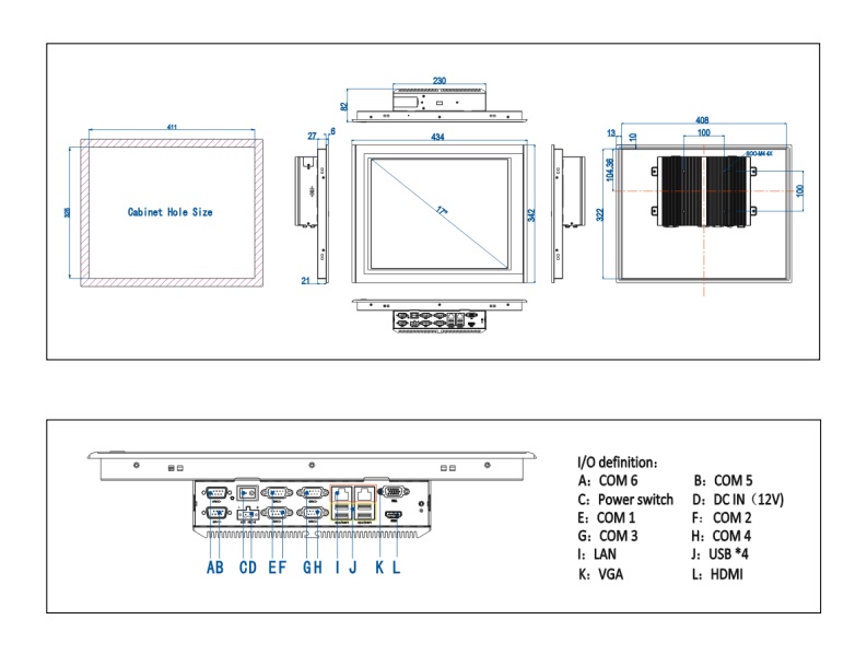 Dimensions of an industrial panel PC TPC6000-A172