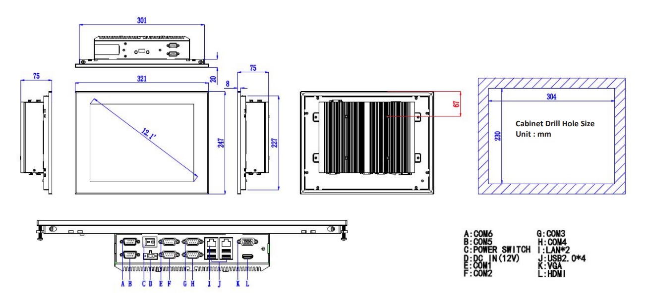 Przemysłowy Komputer panelowy TPC6000-C122-LH rysunek techniczny i wymiary