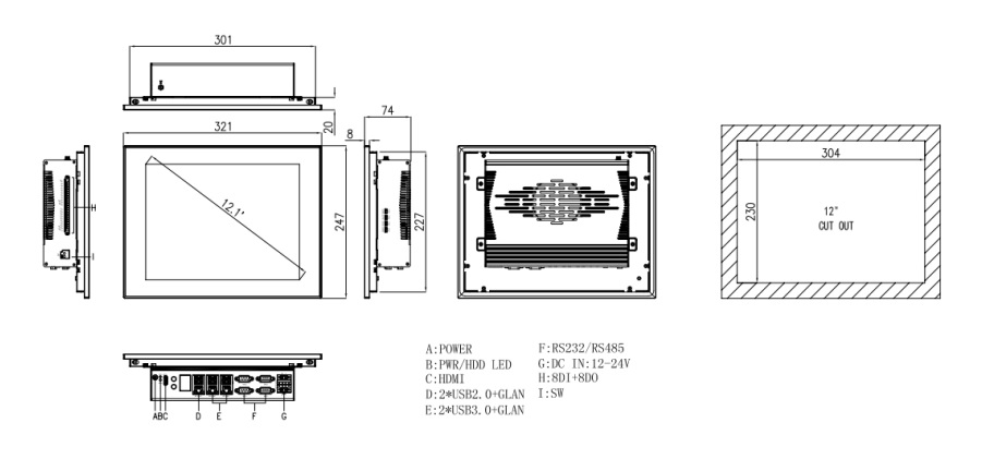 Przemysłowy komputer panelowy model TPC6000-C124-L- wymiary schemat