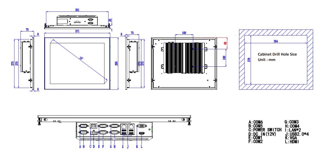 Przemysłowy komputer panelowy TPC6000-C152-L/LE wymiary i schemat techniczny