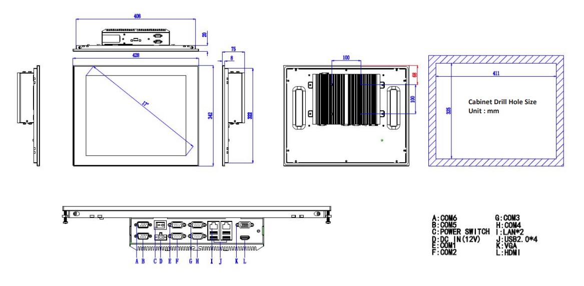 technical drawing and dimensions of an industrial panel pc  TPC6000-C172-L/LE