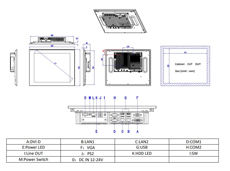 Przemysłowy komputer panelowy model  TPC6000-C173-L- wymiary i schemat gniazd