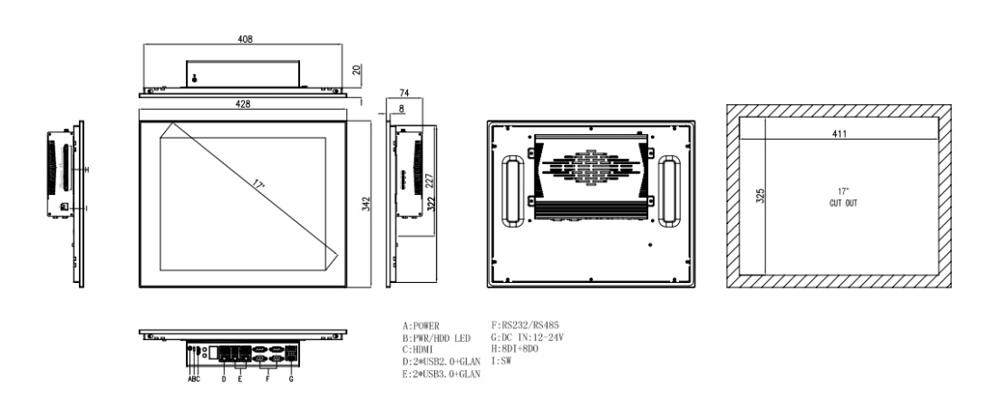 technical drawing and dimensions of an industrial panel pc TPC6000-C174-L