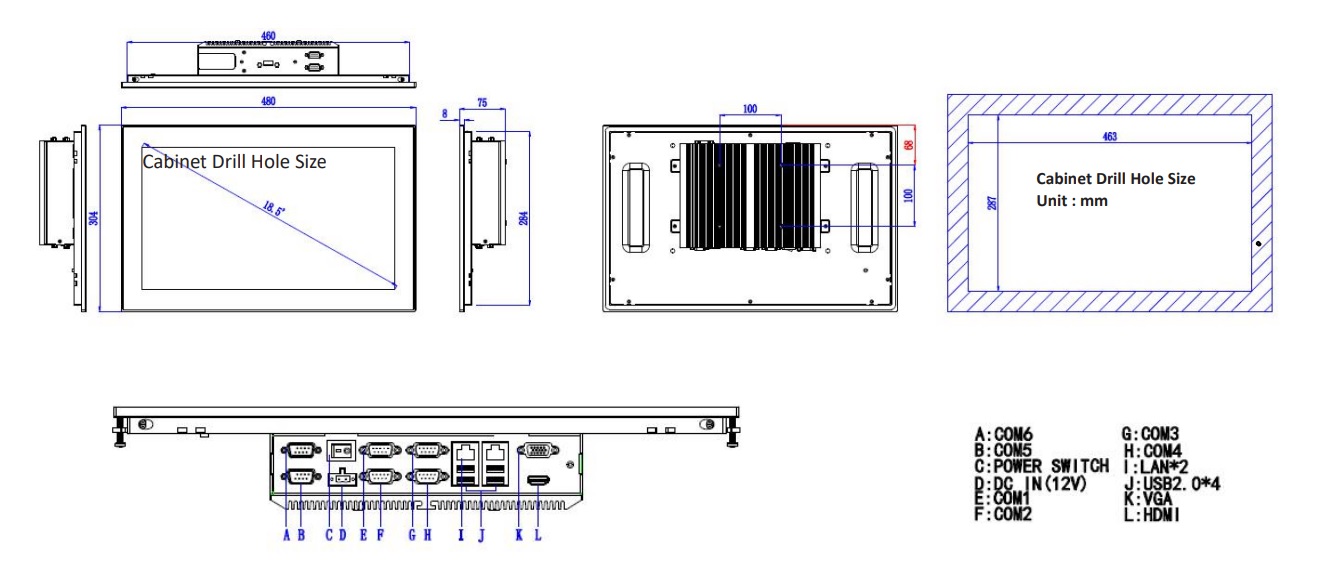 Wymiary i schemat gniazd przemysłowego komputera panelowego nodka TPC6000-C1852W-L/LE
