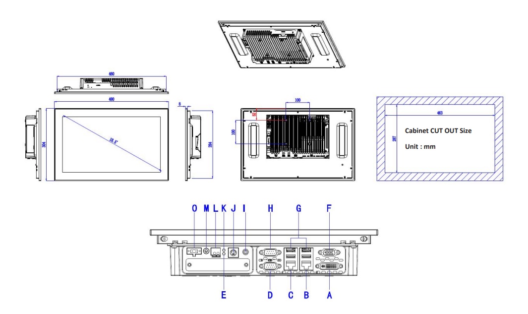 technical drawing and dimensions of an industrial panel pc TPC6000-C1853W-L