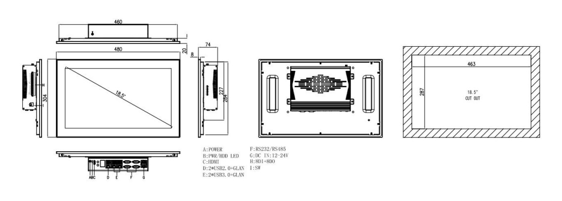 Przemysłowy komputer panelowy TPC6000-C1854-LH- wymiary i rozmieszczenie gniazd