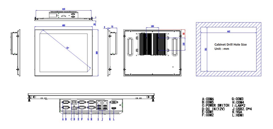 technical drawing and dimensions of an industrial panel pc TPC6000-C192-L/LE