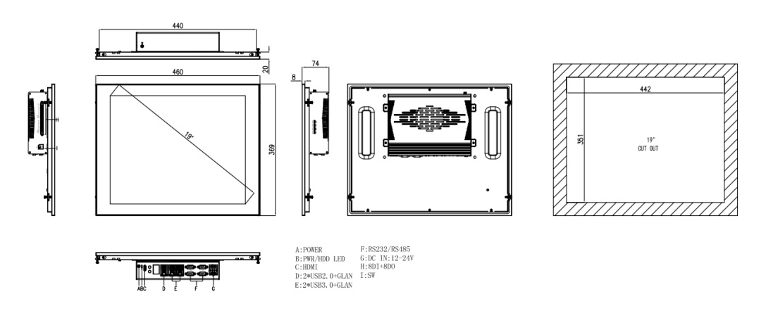 Wymiary i rozmieszczenie gniazd przemysłowego komputera panelowego nodka TPC6000-C194-L