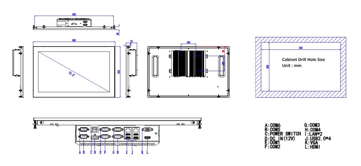 Wymiary i ilość gniazd w przemysłowym komputerze panelowym nodka TPC6000-C2152W-L/LE
