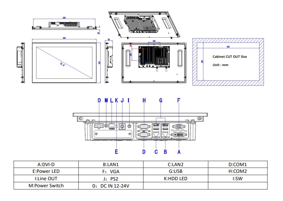 przemysłowy komputer panelowy TPC6000-C2153W-L- wymiary i rozmieszczenie gniazd