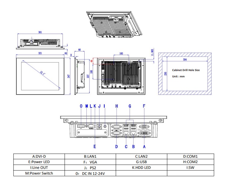 technical drawing and dimensions of an industrial panel pc  TPC6000-D123-LH