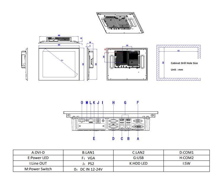 technical drawing and dimensions of an industrial panel pc TPC6000-D173-L