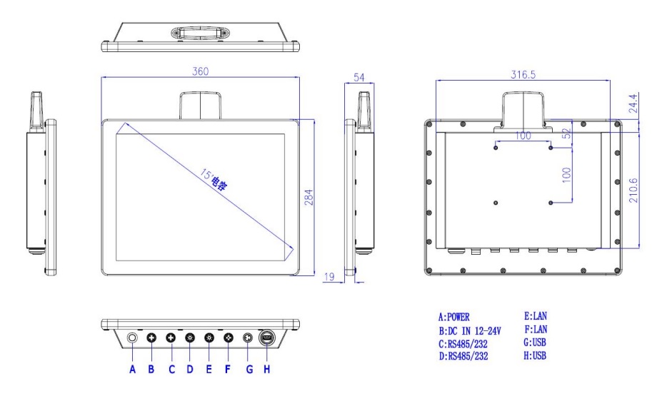 technical drawing and dimensions of an industrial panel pc WP1501T-C