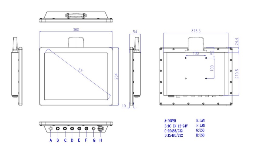 technical drawing and dimensions of an industrial panel pc WP1501T-R1