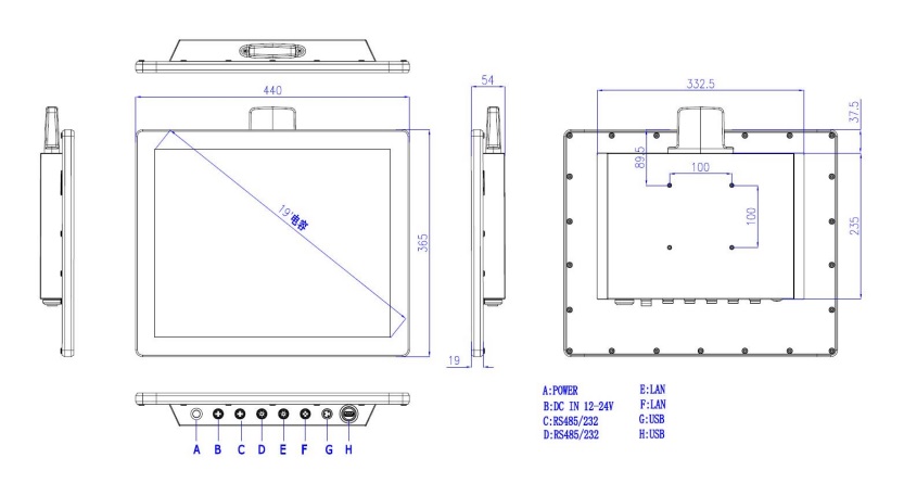 Przemysłowy komputer panelowy model WP1901T_C- rozmieszczenie gniazd i wymiary