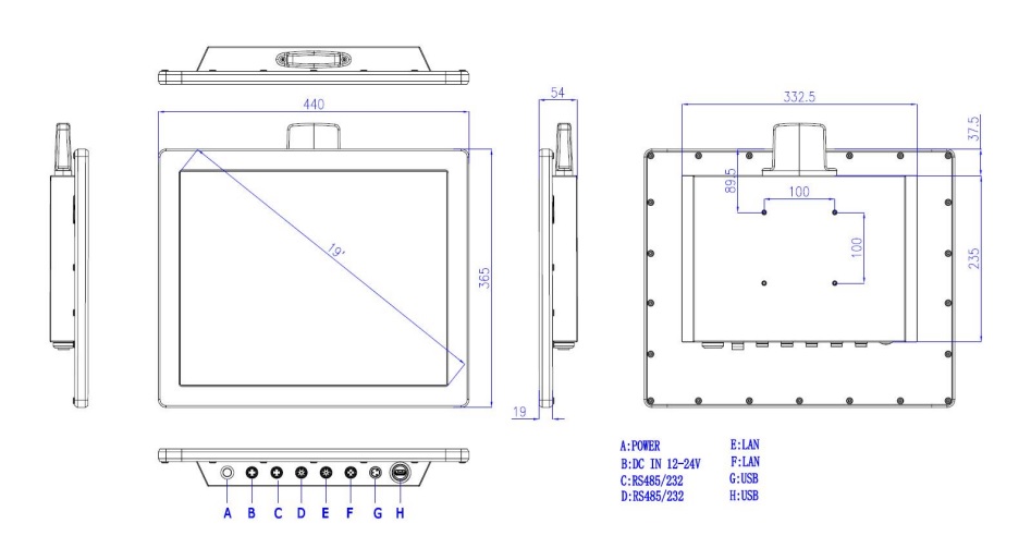 technical drawing and dimensions of an industrial panel pc  WP1901T-R1
