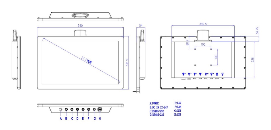 technical drawing and dimensions of an industrial panel pc WP2151T-C
