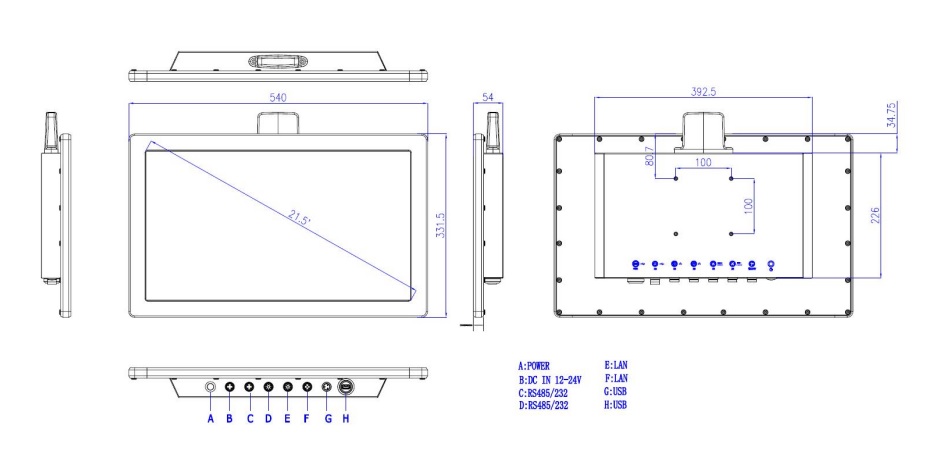 Przemysłowy komputer panelowy model WP2151T_R1- ilość gniazd i wymiary na rysunku technicznym