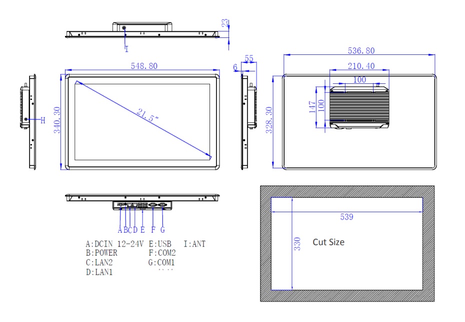 Dimensions of an industrial panel PC  iTPC-H2152